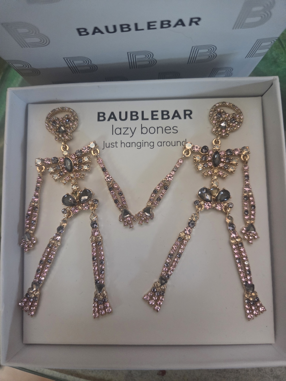 NIB BaubleBar Pink and Gold Crystal Skeleton Chandelier Earrings - Lazy Bones